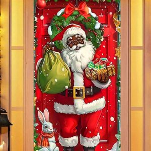 1 pieza Papá Noel negro energético para decoración navideña de puerta - Fácil de colgar, 180 cm * 90 cm, de poliéster resistente, con campanas vintage y patrón de árbol, apto para decoración navideña interior/exterior